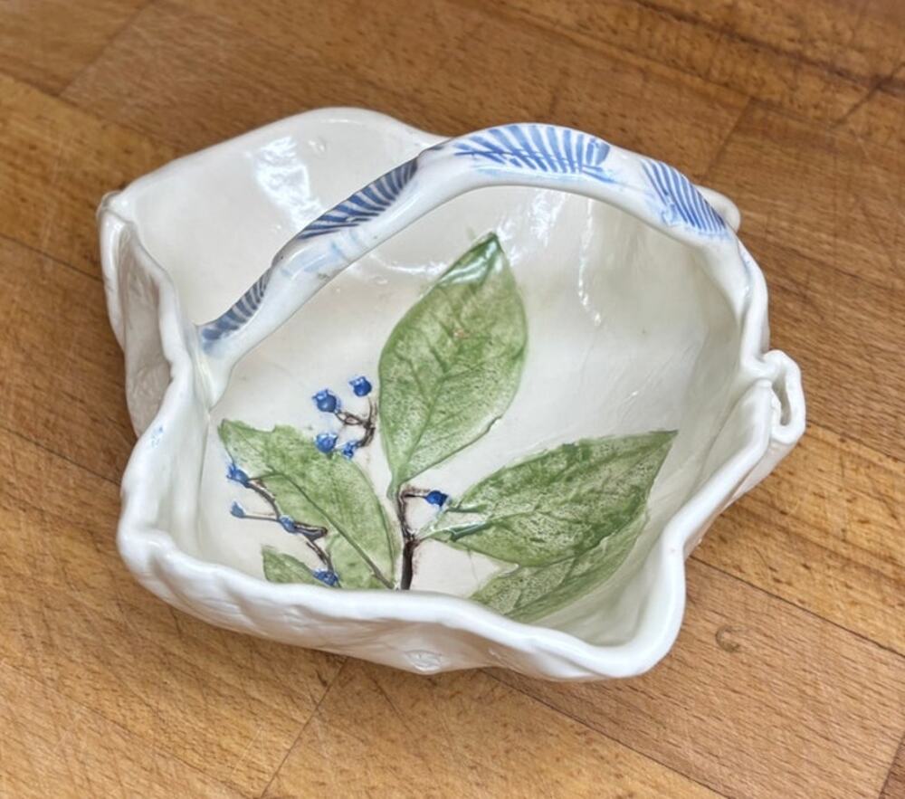 Handmade Blueberry Pottery Basket Signed Mari Ceramic Berry Bowl Cottagecore